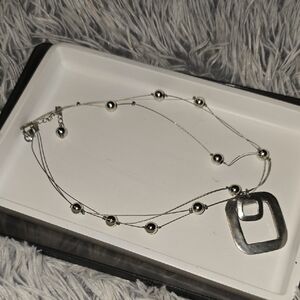 Elegant Silver Beaded Necklace with Geometric Square Silver Pendant